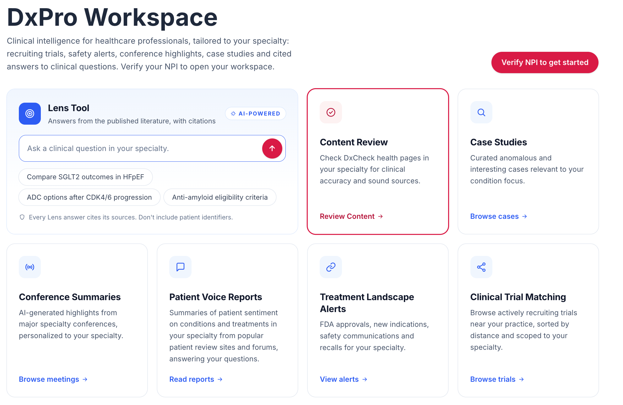The DxPro workspace, showing the Lens clinical question tool alongside Content Review, Case Studies, Conference Summaries, Patient Voice Reports, Treatment Landscape Alerts and Clinical Trial Matching.